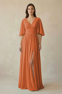 Half Sleeve V - Neck A - Line Chiffon Bridesmaid Gown in Terracotta - SHE IS ME Bridesmaid Dresses