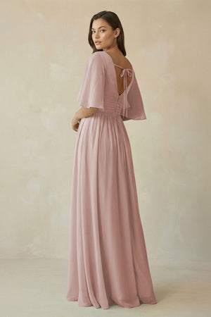 Half Sleeve V - Neck A - Line Chiffon Bridesmaid Gown in Toffee - SHE IS ME Bridesmaid Dresses
