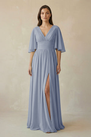 Half Sleeve V - Neck A - Line Chiffon Bridesmaid Gown in Twilight - SHE IS ME Bridesmaid Dresses