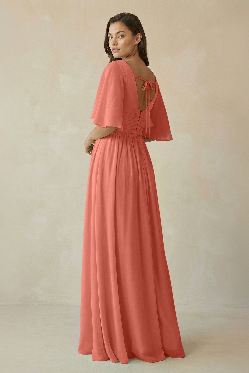 Half Sleeve V - Neck A - Line Chiffon Bridesmaid Gown in Wild Rose - SHE IS ME Bridesmaid Dresses