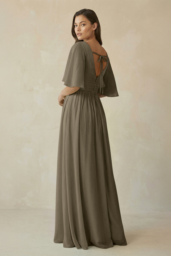 Half Sleeve V - Neck A - Line Chiffon Bridesmaid Gown in Willow Green - SHE IS ME Bridesmaid Dresses