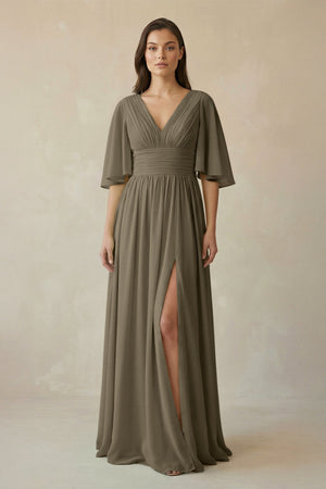 Half Sleeve V - Neck A - Line Chiffon Bridesmaid Gown in Willow Green - SHE IS ME Bridesmaid Dresses