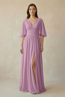 Half Sleeve V - Neck A - Line Chiffon Bridesmaid Gown in Wisteria - SHE IS ME Bridesmaid Dresses