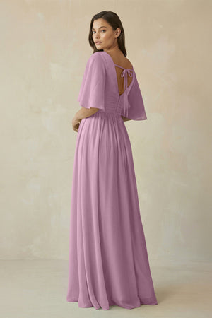 Half Sleeve V - Neck A - Line Chiffon Bridesmaid Gown in Wisteria - SHE IS ME Bridesmaid Dresses