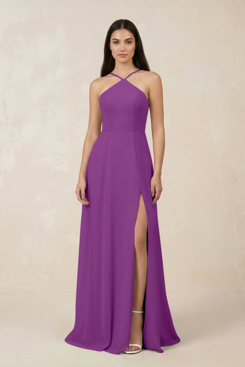 Halter Chiffon A - Line Bridesmaid Dress With Slit in Amethyst - SHE IS ME Bridesmaid Dresses