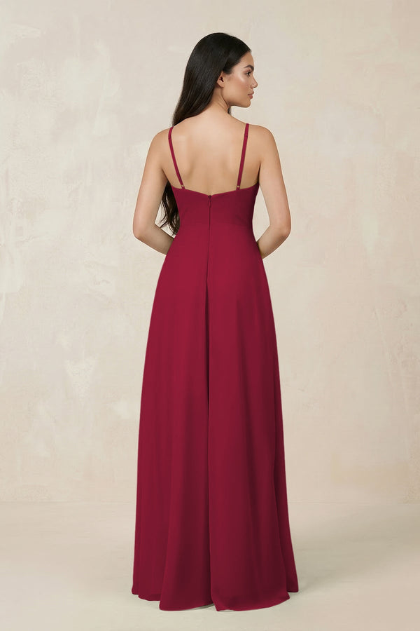 Halter Chiffon A - Line Bridesmaid Dress With Slit in Berry - SHE IS ME Bridesmaid Dresses