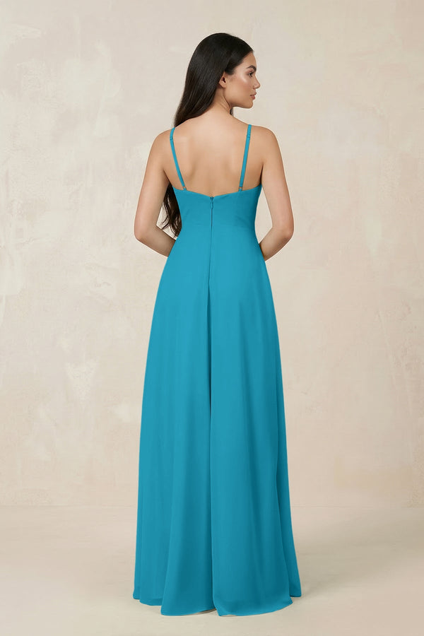 Halter Chiffon A - Line Bridesmaid Dress With Slit in Blue Jay - SHE IS ME Bridesmaid Dresses