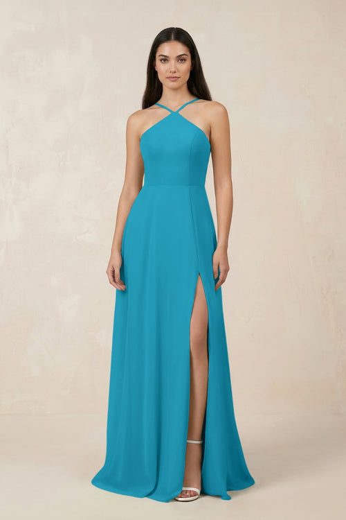 Halter Chiffon A - Line Bridesmaid Dress With Slit in Blue Jay - SHE IS ME Bridesmaid Dresses