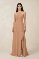 Halter Chiffon A - Line Bridesmaid Dress With Slit in Bronzer - SHE IS ME Bridesmaid Dresses