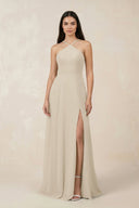 Halter Chiffon A - Line Bridesmaid Dress With Slit in Champagne - SHE IS ME Bridesmaid Dresses