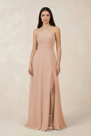 Halter Chiffon A - Line Bridesmaid Dress With Slit in Champagne Rose - SHE IS ME Bridesmaid Dresses