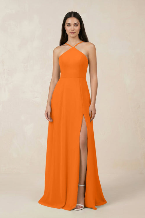 Halter Chiffon A - Line Bridesmaid Dress With Slit in Cinnamon - SHE IS ME Bridesmaid Dresses