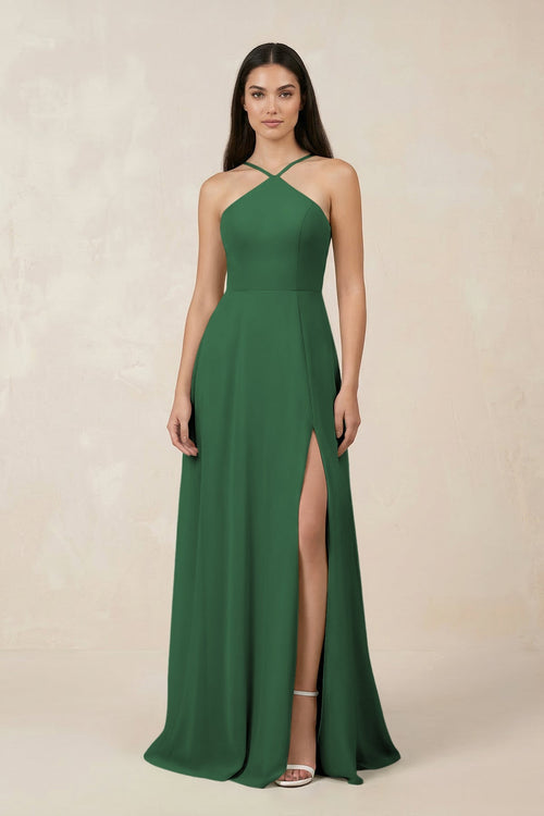 Halter Chiffon A - Line Bridesmaid Dress With Slit in Dark Green - SHE IS ME Bridesmaid Dresses