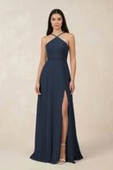 Halter Chiffon A - Line Bridesmaid Dress With Slit in Dark Navy - SHE IS ME Bridesmaid Dresses