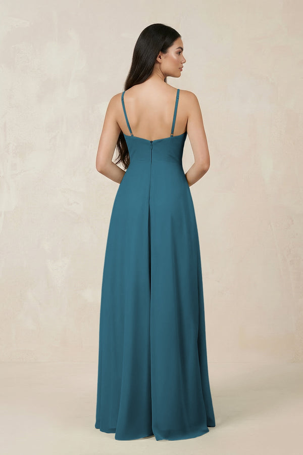 Halter Chiffon A - Line Bridesmaid Dress With Slit in Dark Teal - SHE IS ME Bridesmaid Dresses