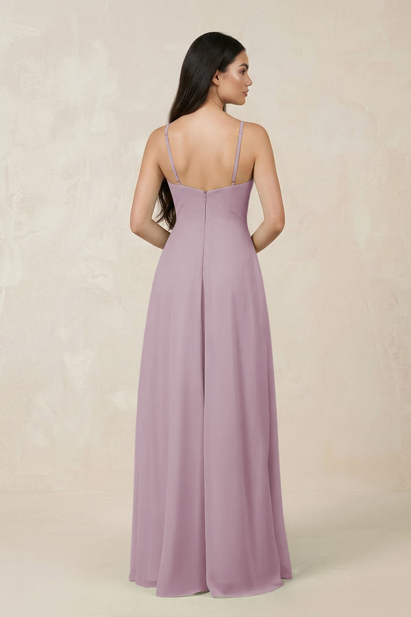Halter Chiffon A - Line Bridesmaid Dress With Slit in Dusk - SHE IS ME Bridesmaid Dresses