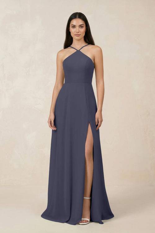 Halter Chiffon A - Line Bridesmaid Dress With Slit in Dusk Blue - SHE IS ME Bridesmaid Dresses