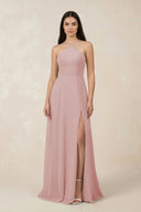 Halter Chiffon A - Line Bridesmaid Dress With Slit in Dusty Rose - SHE IS ME Bridesmaid Dresses