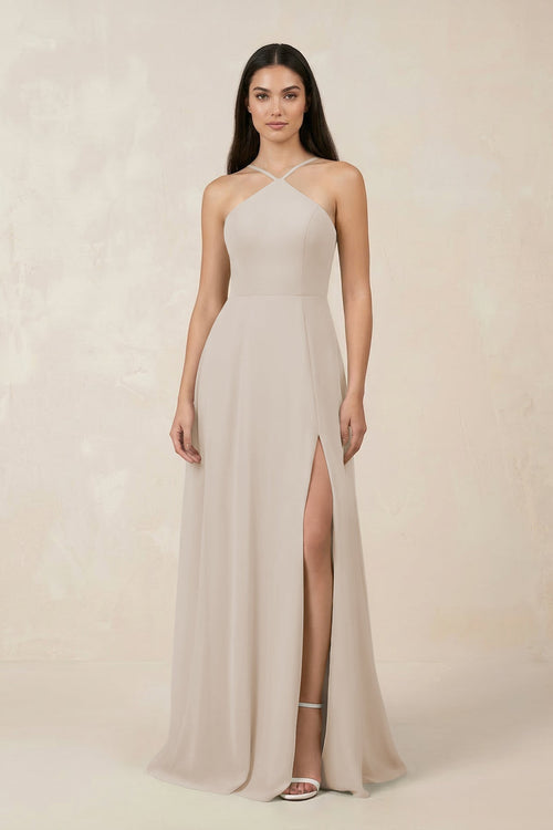 Halter Chiffon A - Line Bridesmaid Dress With Slit in Frost - SHE IS ME Bridesmaid Dresses