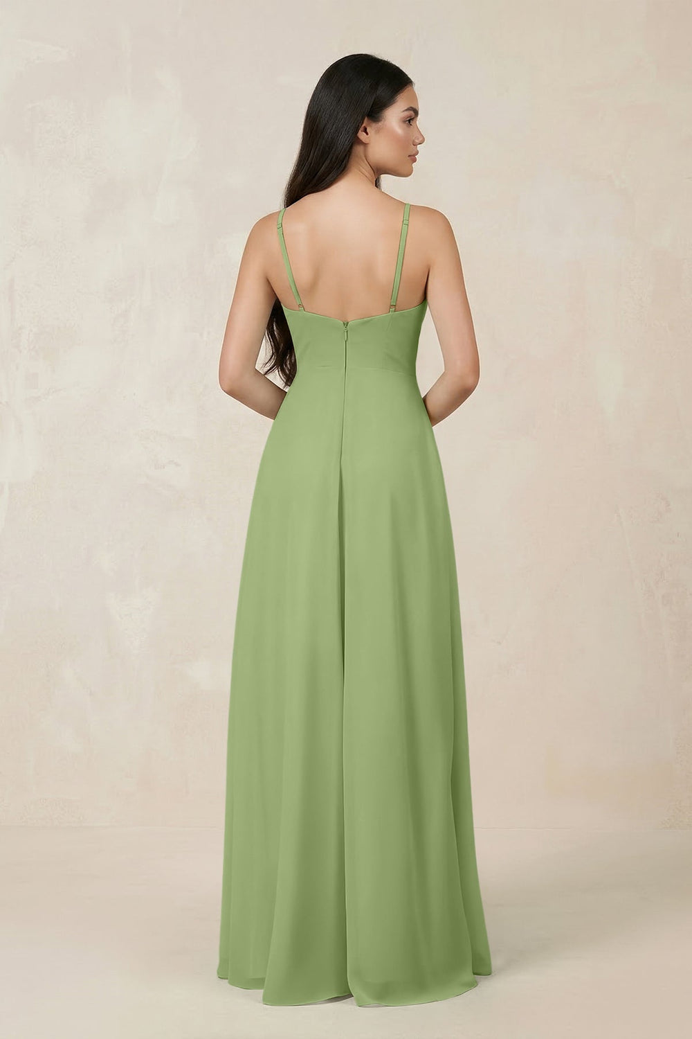 Halter Chiffon A - Line Bridesmaid Dress With Slit in Matcha - SHE IS ME Bridesmaid Dresses