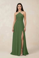 Halter Chiffon A - Line Bridesmaid Dress With Slit in Moss - SHE IS ME Bridesmaid Dresses