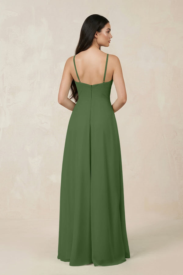 Halter Chiffon A - Line Bridesmaid Dress With Slit in Moss - SHE IS ME Bridesmaid Dresses