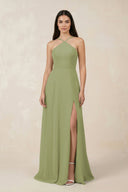 Halter Chiffon A - Line Bridesmaid Dress With Slit in Moss Green - SHE IS ME Bridesmaid Dresses