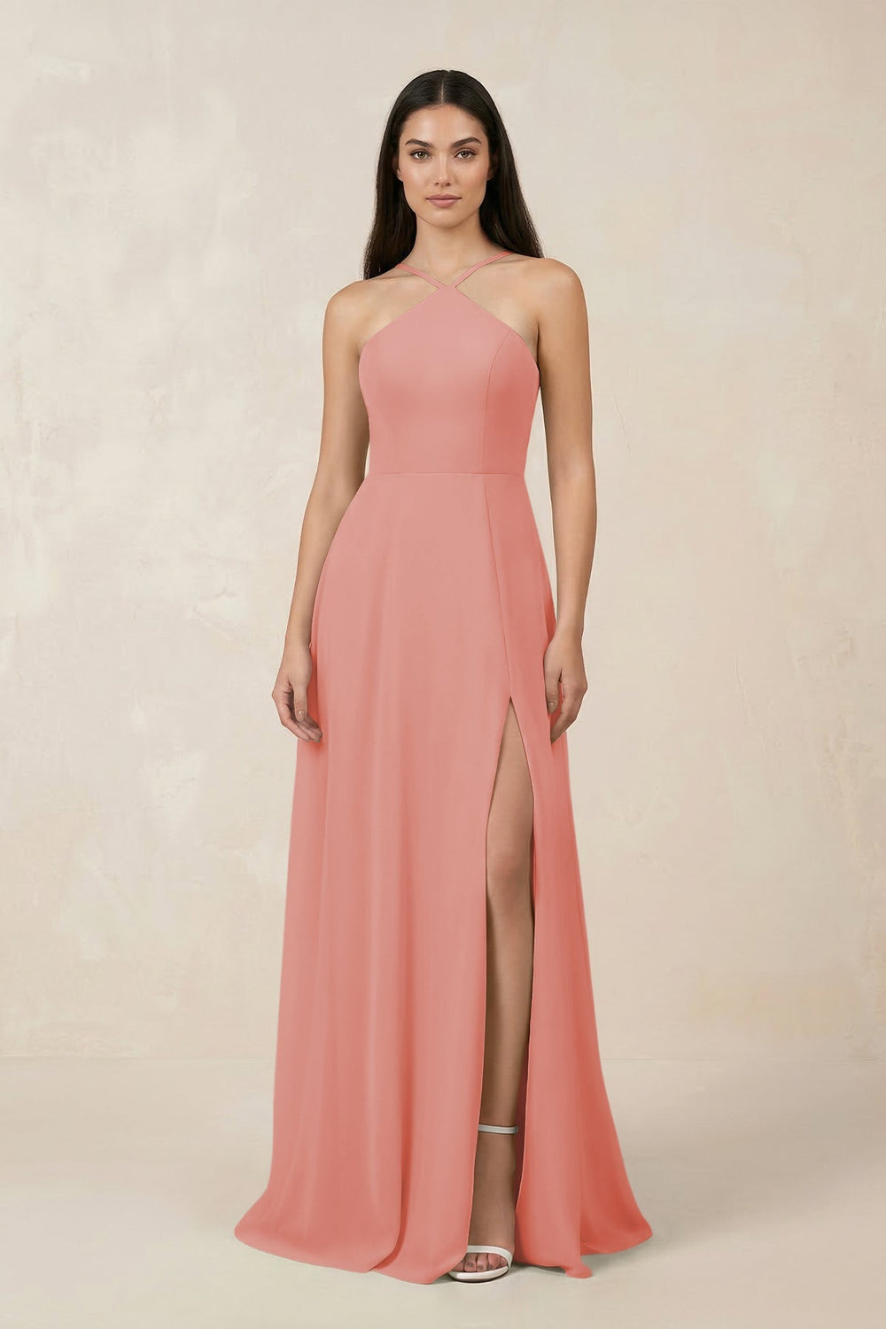 Halter Chiffon A - Line Bridesmaid Dress With Slit in Mulberry - SHE IS ME Bridesmaid Dresses