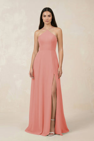 Halter Chiffon A - Line Bridesmaid Dress With Slit in Mulberry - SHE IS ME Bridesmaid Dresses