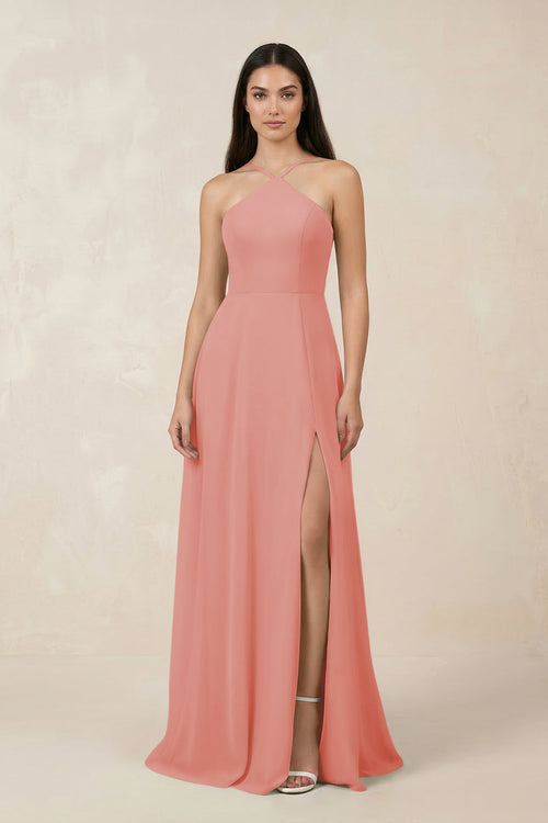 Halter Chiffon A - Line Bridesmaid Dress With Slit in Mulberry - SHE IS ME Bridesmaid Dresses
