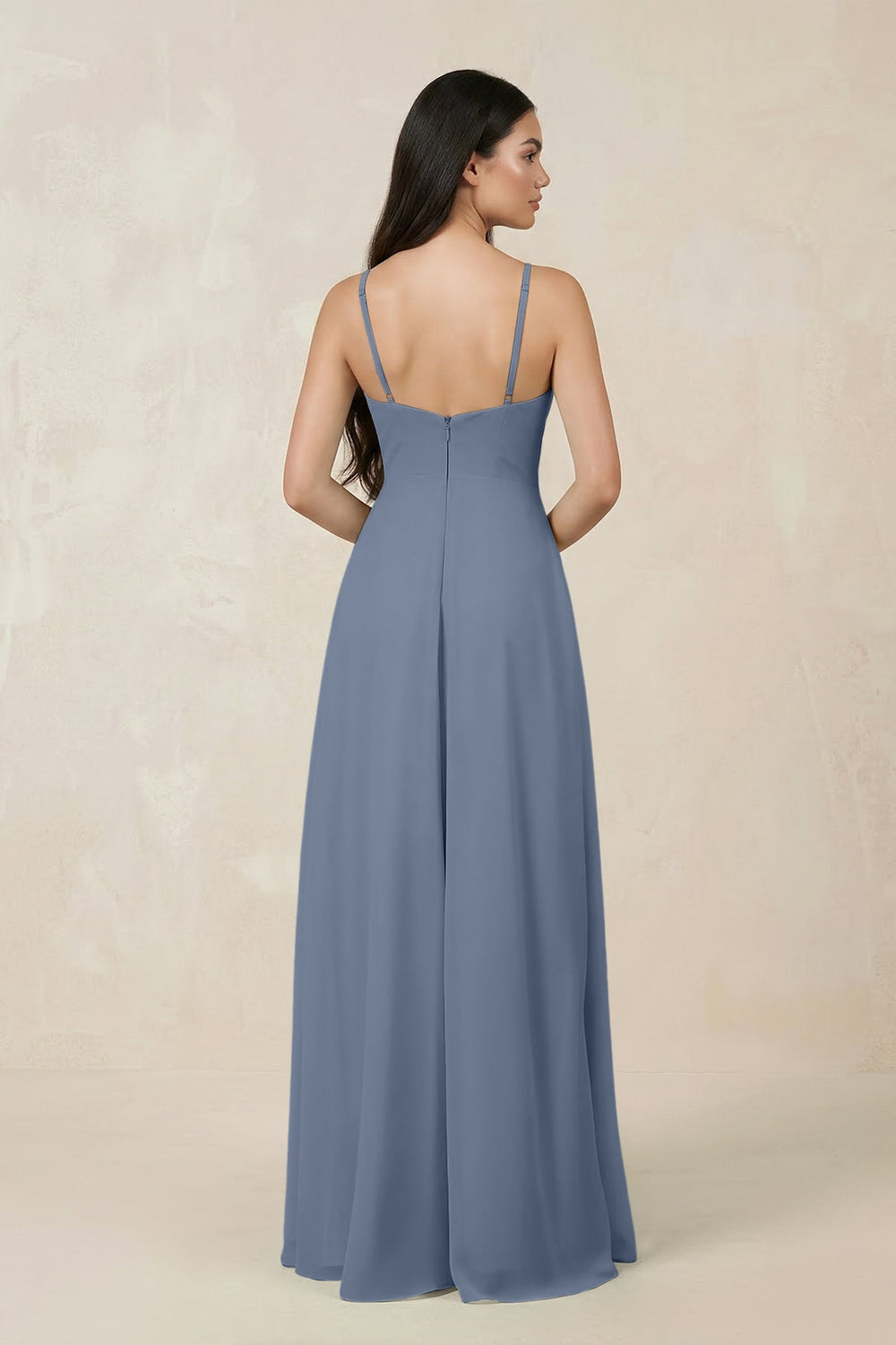 Halter Chiffon A - Line Bridesmaid Dress With Slit in Neptune - SHE IS ME Bridesmaid Dresses