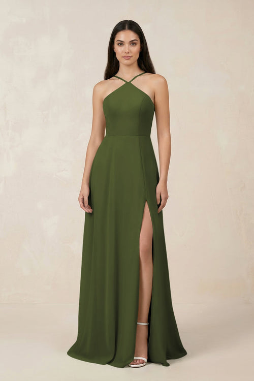 Halter Chiffon A - Line Bridesmaid Dress With Slit in Olive - SHE IS ME Bridesmaid Dresses