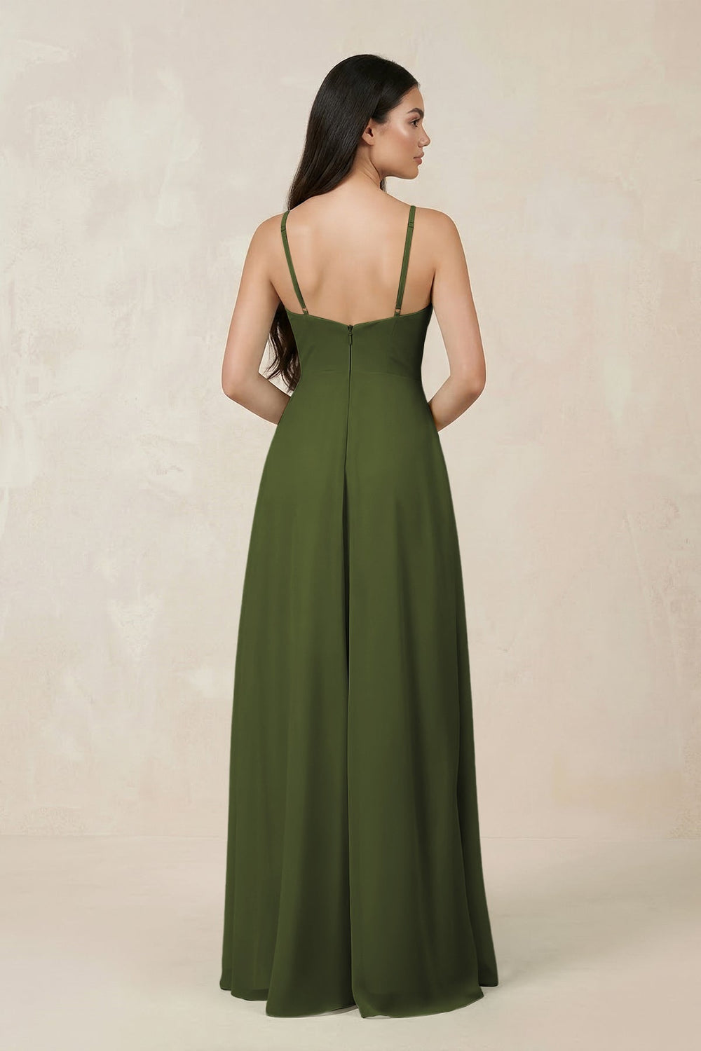Halter Chiffon A - Line Bridesmaid Dress With Slit in Olive - SHE IS ME Bridesmaid Dresses
