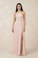Halter Chiffon A - Line Bridesmaid Dress With Slit in Pale Blush - SHE IS ME Bridesmaid Dresses