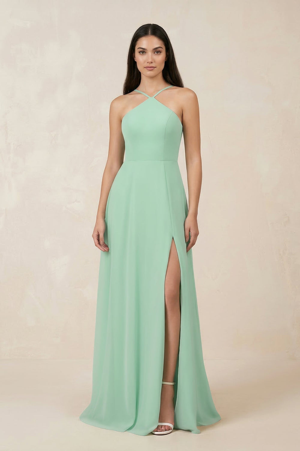 Halter Chiffon A-Line Bridesmaid Dress With Slit in Pale Pistachio - SHE IS ME BRIDESMAID DRESSES