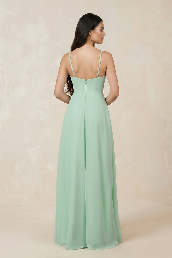 Halter Chiffon A-Line Bridesmaid Dress With Slit in Pale Pistachio - SHE IS ME BRIDESMAID DRESSES