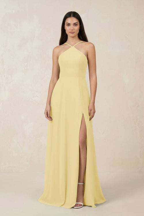 Halter Chiffon A - Line Bridesmaid Dress With Slit in Pastel Yellow - SHE IS ME Bridesmaid Dresses