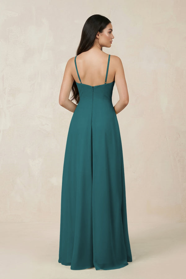 Halter Chiffon A - Line Bridesmaid Dress With Slit in Pine - SHE IS ME Bridesmaid Dresses