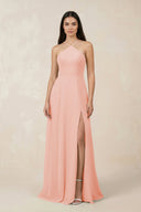 Halter Chiffon A - Line Bridesmaid Dress With Slit in Rose Petal - SHE IS ME Bridesmaid Dresses