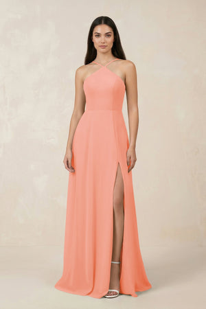 Halter Chiffon A - Line Bridesmaid Dress With Slit in Rosette - SHE IS ME Bridesmaid Dresses