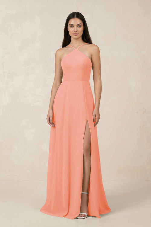 Halter Chiffon A - Line Bridesmaid Dress With Slit in Rosette - SHE IS ME Bridesmaid Dresses