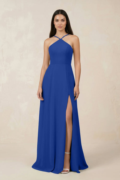 Halter Chiffon A - Line Bridesmaid Dress With Slit in Royal Blue - SHE IS ME Bridesmaid Dresses