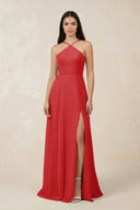 Halter Chiffon A - Line Bridesmaid Dress With Slit in Ruby Red - SHE IS ME Bridesmaid Dresses