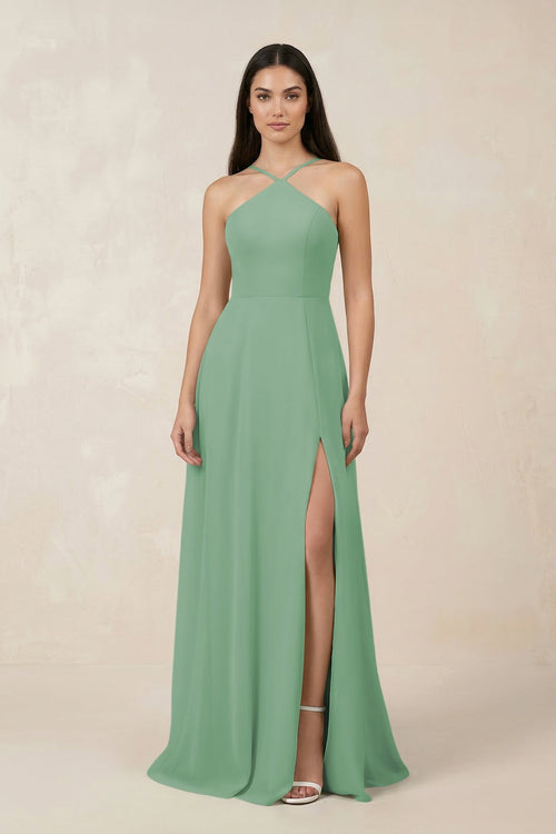 Halter Chiffon A - Line Bridesmaid Dress With Slit in Sea Glass - SHE IS ME Bridesmaid Dresses