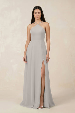 Halter Chiffon A - Line Bridesmaid Dress With Slit in Silver - SHE IS ME Bridesmaid Dresses