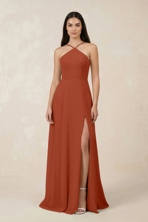 Halter Chiffon A - Line Bridesmaid Dress With Slit in Spice - SHE IS ME Bridesmaid Dresses