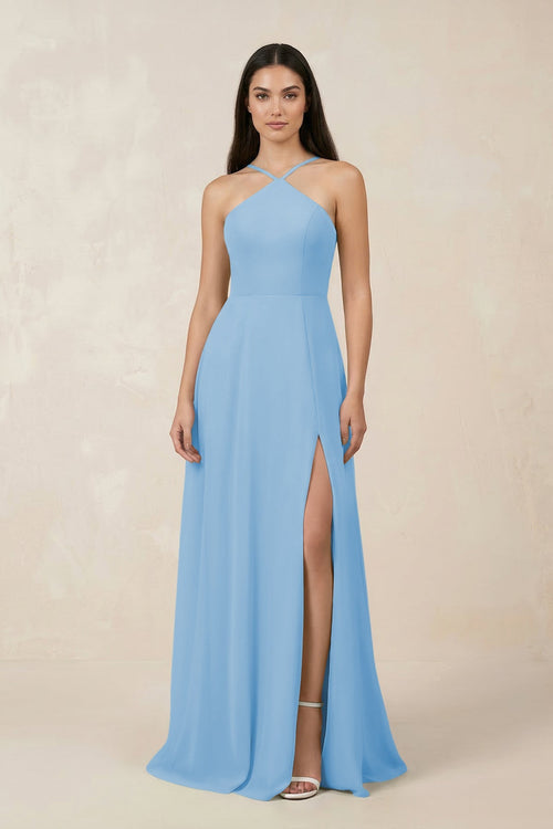 Halter Chiffon A - Line Bridesmaid Dress With Slit in Steel Blue - SHE IS ME Bridesmaid Dresses