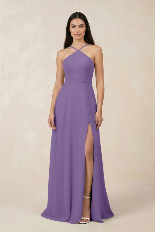 Halter Chiffon A - Line Bridesmaid Dress With Slit in Tahiti - SHE IS ME Bridesmaid Dresses