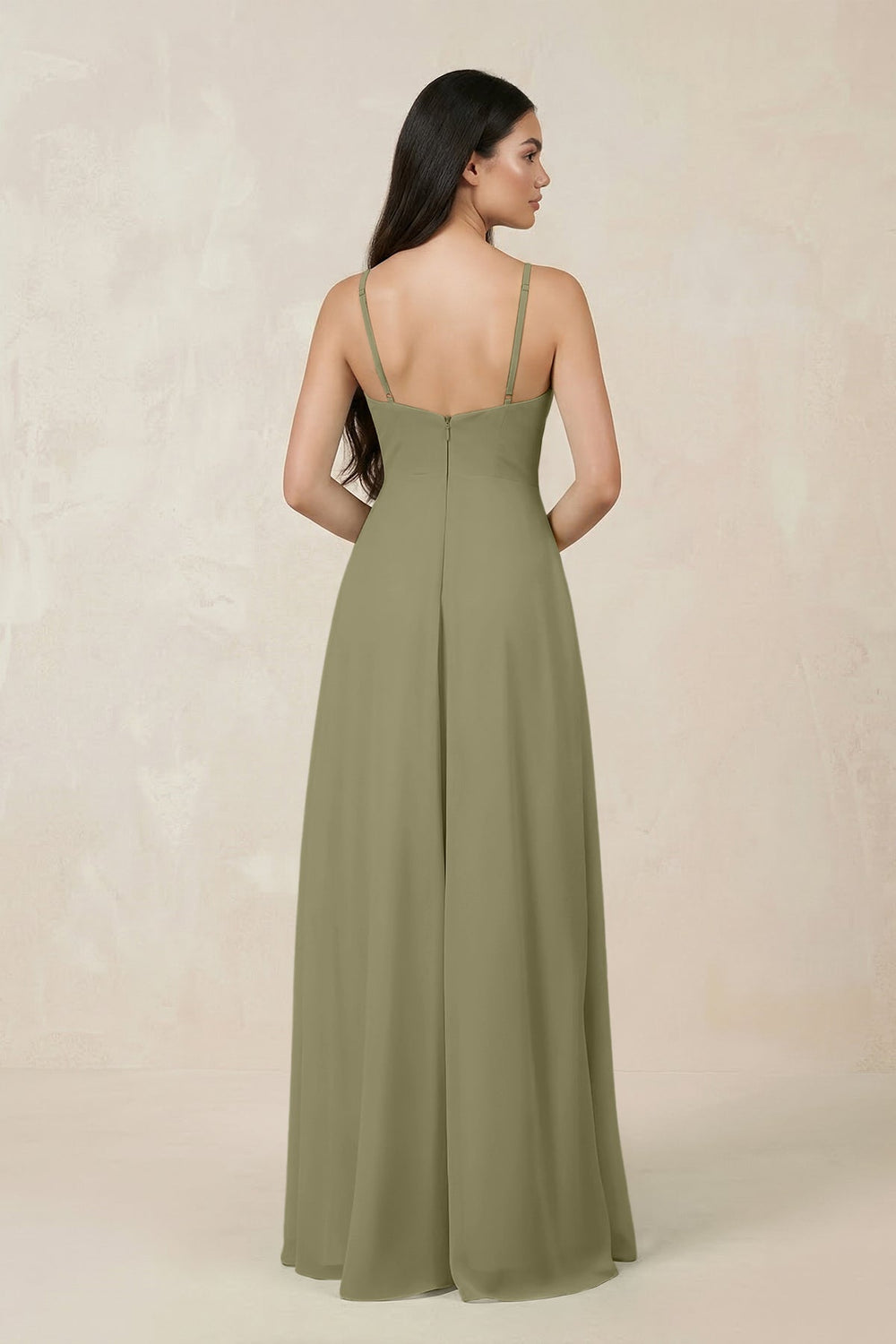 Halter Chiffon A - Line Bridesmaid Dress With Slit in Thyme - SHE IS ME Bridesmaid Dresses