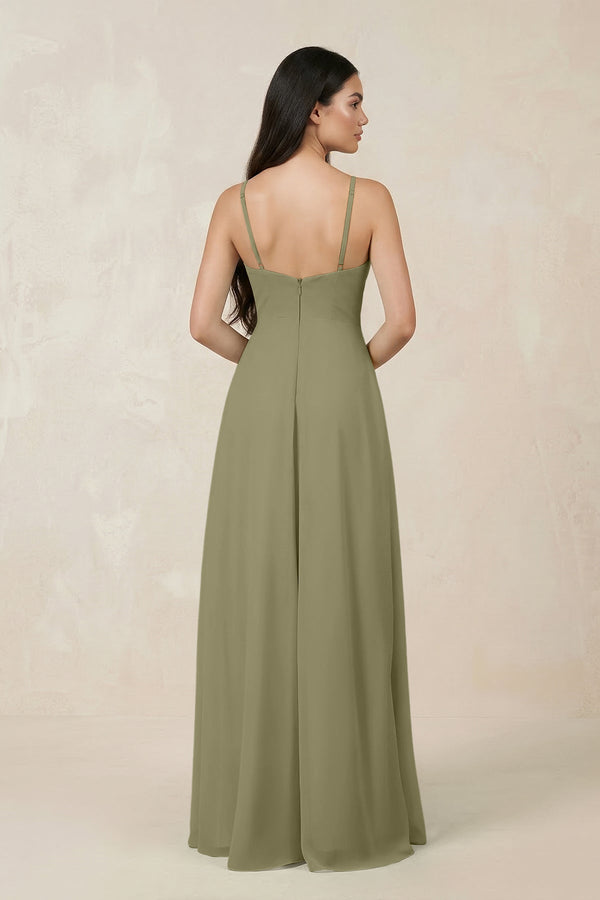 Halter Chiffon A - Line Bridesmaid Dress With Slit in Thyme - SHE IS ME Bridesmaid Dresses